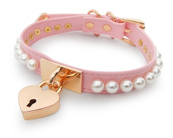 Pink and Gold Pearl Heart Padlock Choker, Pink and Gold Pearl Choker, Gold Heart Padlock Collar, Pink Pearl Collar, Pink DDLG Collar