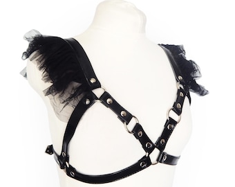 Black Vegan Leather Ruffled Harness Bra, Black Ruffle Harness Bra, Black Burlesque Harness, Black Plus Size Harness, Black Lingerie Harness