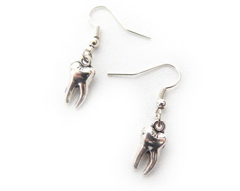 Tibetan Silver Teeth Earrings - Vintage Goth Jewellery, Dentist Gift, Tooth Fairy Jewelry
