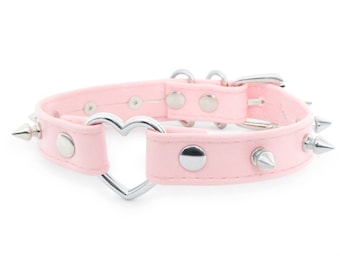 Roze vegan leren hartchoker met studs - pastelgothketting, K-pop-kraag met stekels