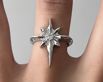Silver Plated North Star Ring - Adjustable Size, Nu Goth Jewellery, Y2K Style, Harajuku Fashion