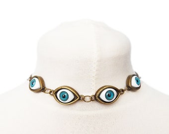 Antique Bronze Evil Eye Choker Necklace, Evil Eye Necklace, Eyeball Necklace, Blue Evil Eye Necklace, Bronze Evil Eye Necklace