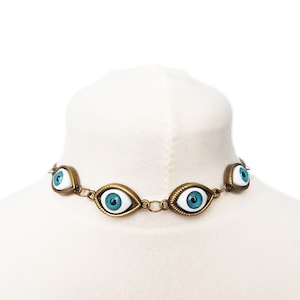 Antique Bronze Evil Eye Choker Necklace, Evil Eye Necklace, Eyeball Necklace, Blue Evil Eye Necklace, Bronze Evil Eye Necklace