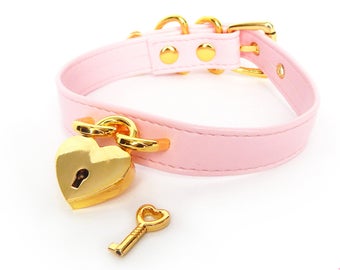 Pink and Gold Heart Padlock Choker with Key, Pink Heart Lock Choker, Pink Heart Padlock Choker, Gold Heart Padlock Choker, Pink Slave Collar