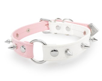 Half Pink Half White Studded O Ring Choker, Pink and White Studded O Ring Collar, Vegan Leather O Ring Collar, Pink Spiked O Ring Collar