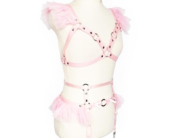 Pink Vegan Leather Ruffle Harness Set – Kawaii Rave Lingerie