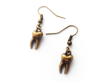 Antique Bronze Teeth Earrings - Vintage Goth Jewellery, Dentist Gift, Tooth Fairy Jewelry