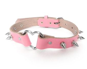 Pink Studded Heart Ring Choker, Pink Spiked Heart Choker, Pink Studded Heart Ring Collar, Pink Love Slave Collar, Pink Spiked Heart Collar