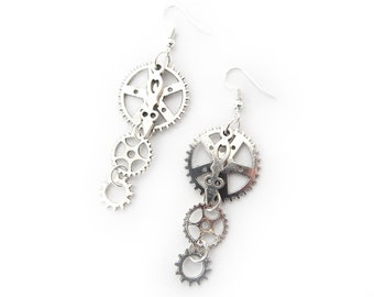 handmade steampunk earrings Handcrafted cluster gear earrings drop earrings item #21may062