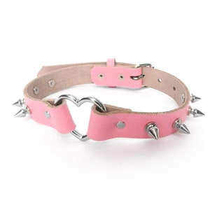 Pink Leather Studded Heart Ring Choker - K-Pop Collar, Pastel Goth Necklace