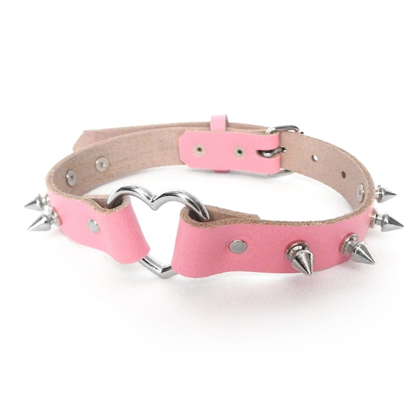 Pink Studded Heart Ring Choker, Pink Spiked Heart Choker, Pink Studded Heart Ring Collar, Pink Love Slave Collar, Pink Spiked Heart Collar