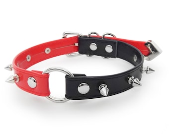 Half Black Half Red Studded O Ring Choker, Red and Black Studded O Ring Collar, Red Vegan Leather O Ring Collar, Red Spiked O Ring Collar