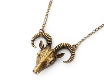 Antike Bronze Widder Schädel Halskette - Vintage Goth Schmuck, Witchy Girl Geschenk