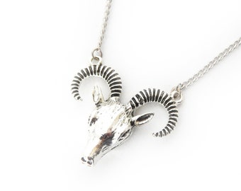 Antique Silver Ram Skull Necklace, Silver Ram Necklace, Silver Sheep Skull Necklace, Silver Sheep Necklace, Silver Baphomet Necklace