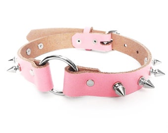 Pink Leather Studded O-Ring Choker - Pastel Goth Collar, Creepy Cute Necklace, Harajuku Fashion