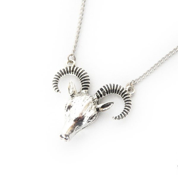 Antique Silver Ram Skull Necklace, Silver Ram Necklace, Silver Sheep Skull Necklace, Silver Sheep Necklace, Silver Baphomet Necklace