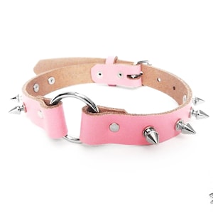Pink Leather Studded O-Ring Choker - Pastel Goth Collar, Creepy Cute Necklace, Harajuku Fashion