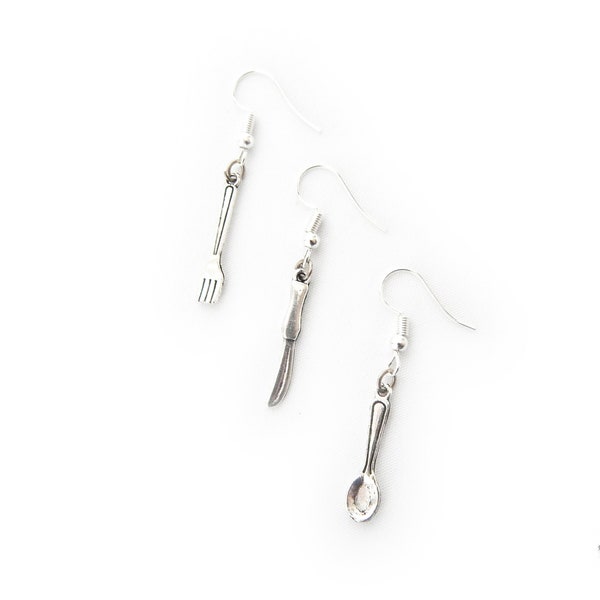 Antique Silver Fork, Knife and Spoon Earrings, Antique Silver Cutlery Earrings, Antique Silver Fork Earrings, Antique Silver Spoon Earrings
