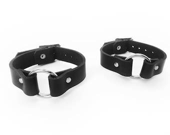 Handmade Black Leather O Ring Ankle Cuffs – Adjustable Bondage Leg Cuffs