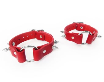 Red Studded O Ring Ankle Cuffs, Red O Ring Ankle Cuffs, Red Leather O Ring Ankle Cuffs, Red Spiked O Ring Ankle Cuffs, Spike Ankle Cuffs