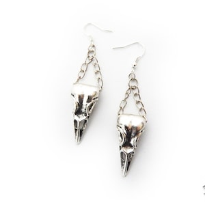 Antique Style Silver Chained Bird Skull Earrings, Gothic Bird Skull Earrings, Silver Raven Skull Jewellery, Silver Crow Skull Gift