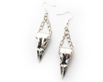 Tibetanische Silber Vogelschädel Ketten Ohrringe - Witziger Raben Schmuck, Gothic Geschenk