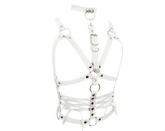 White Vegan Leather Corset Harness Bra, White Corset Harness Bra, White Corset Lacing Harness, Plus Size Harness, White Choker Harness Top