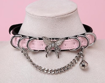 Black & Pink Butterfly Choker - Pastel Goth Collar, Harajuku Fashion Necklace, E-Girl Jewellery