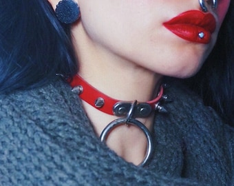 Red Studded D and O Ring Choker - Spiked Punk Collar, Goth Jewellery, BDSM Necklace