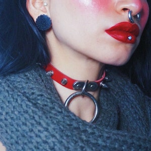 Red Studded D and O Ring Choker, Red Studded D Ring Choker, Red O Ring Choker, Red Spiked O Ring Collar, Red Spiked D and O Ring Collar