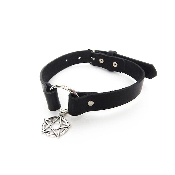 Black O Ring and Pentagram Choker, Black Pentagram Choker, Black Leather Pentagram Necklace, Black Pentagram Collar, Black Pentacle Choker