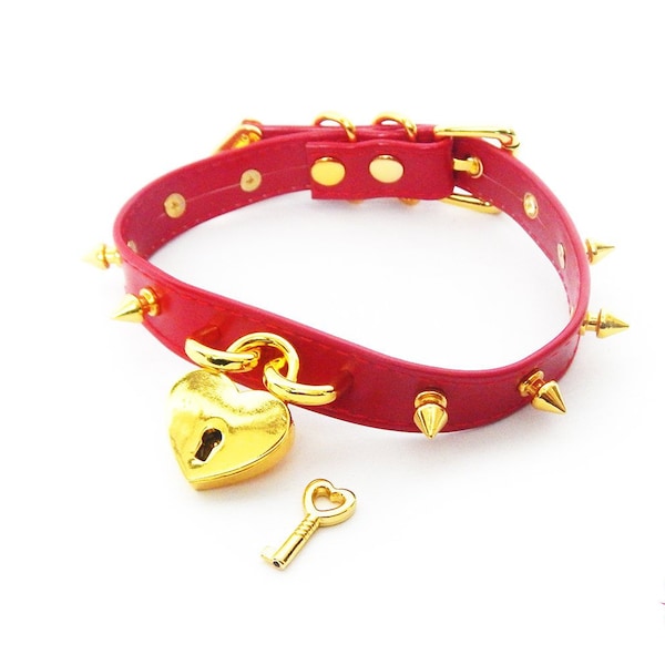 Red and Gold Studded Heart Padlock Choker with Key, Red and Gold Heart Lock Choker, Red Vegan Leather Heart Padlock Collar, Harlequin Collar