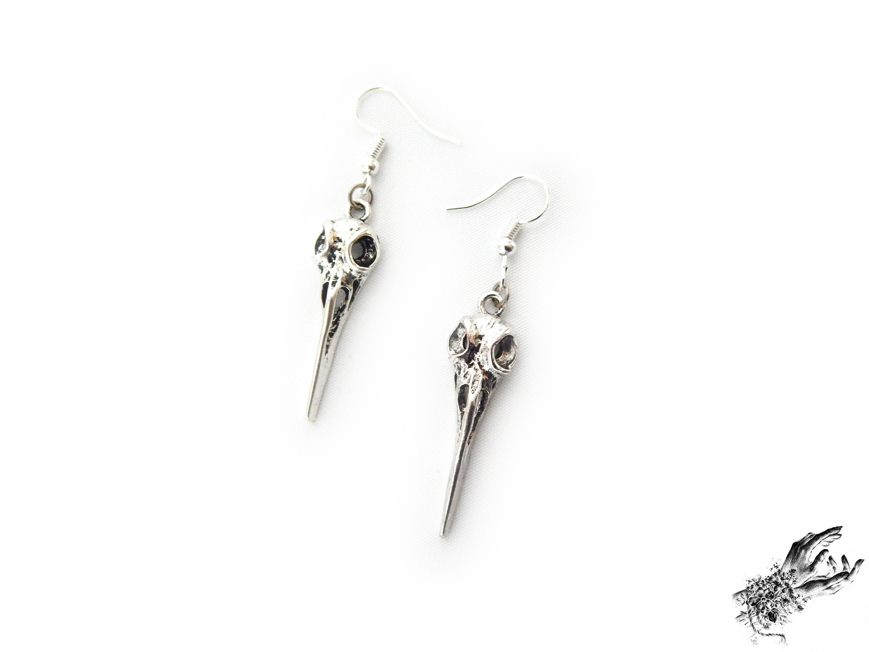 Antique Silver Bird Skull Earrings Crow Skull Earrings Silver