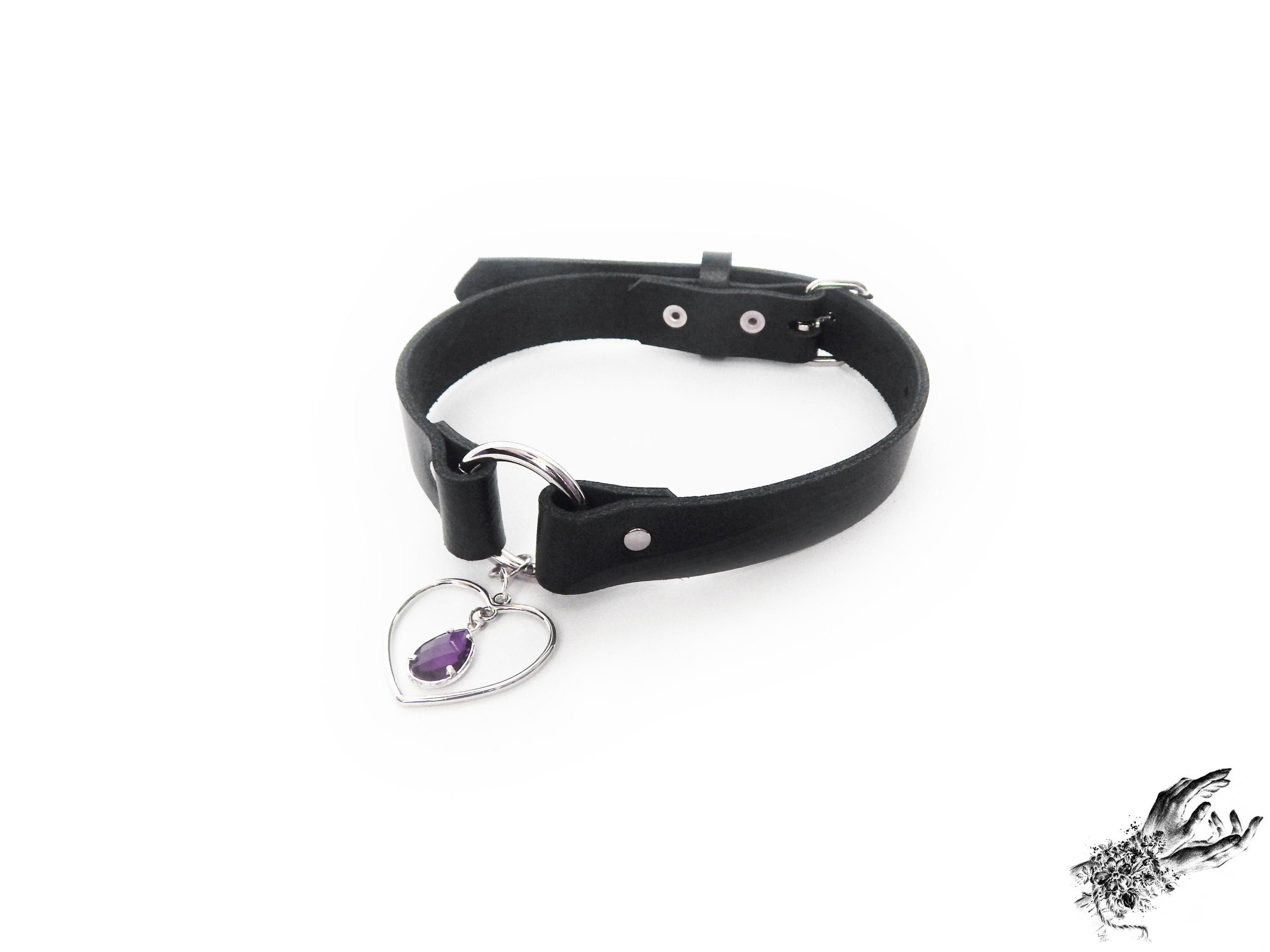 Gothic Amethyst Heart Choker: Silver Black O-ring Necklace