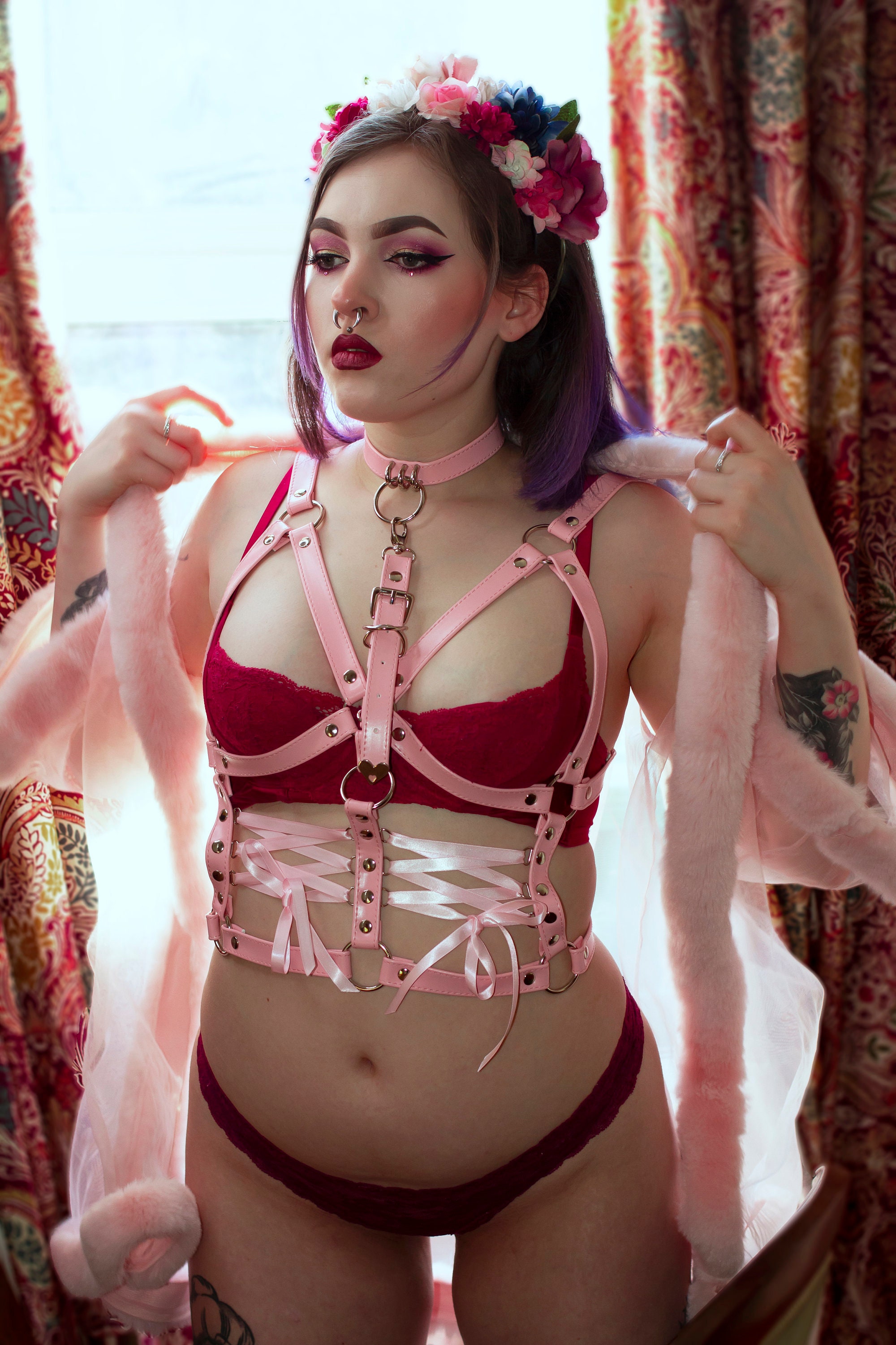 Pink Vegan Leather Corset Harness Bra, Pink Corset Harness, Pink Ribbon Harness, Pink Plus Size Harness, Pink Kitten Play Harness, Pink DDLG
