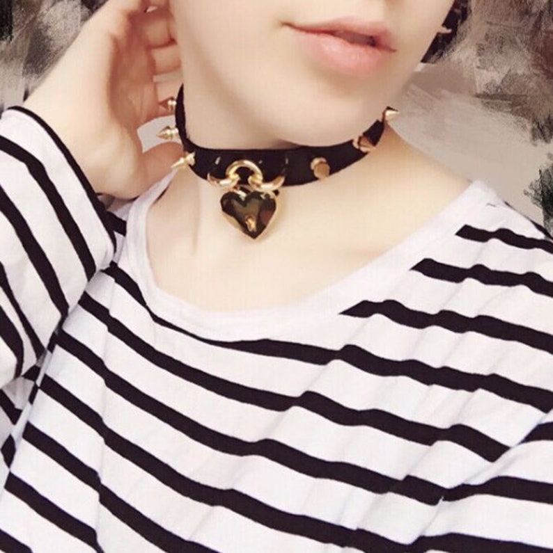 Black and Gold Studded Heart Padlock Choker With Key Black Etsy