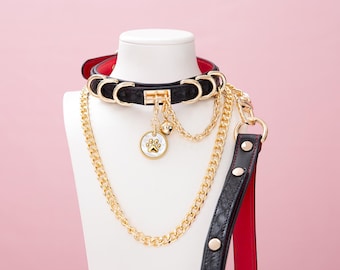 Black and Gold Paw Print Choker Leash Set - Kawaii Petplay Collar with Tag
