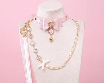Pink and Gold Bow Choker Leash Set - Kawaii E-Girl Collar, Pastel Goth Jewellery
