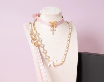 Pink and Gold Butterfly Choker Leash Set - Pastel Goth Collar, Crystal Cross Necklace