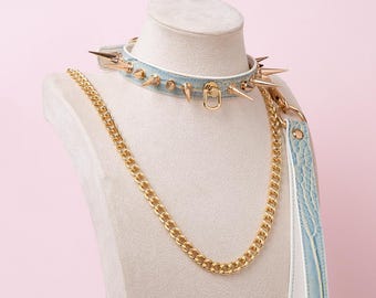 Blue and Gold Studded Choker Leash Set - Pastel Goth Collar, Pet Play Gear