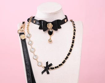 Black and Gold Bow Choker Leash Set - Petplay Collar & Lead, Pastel Goth Necklace
