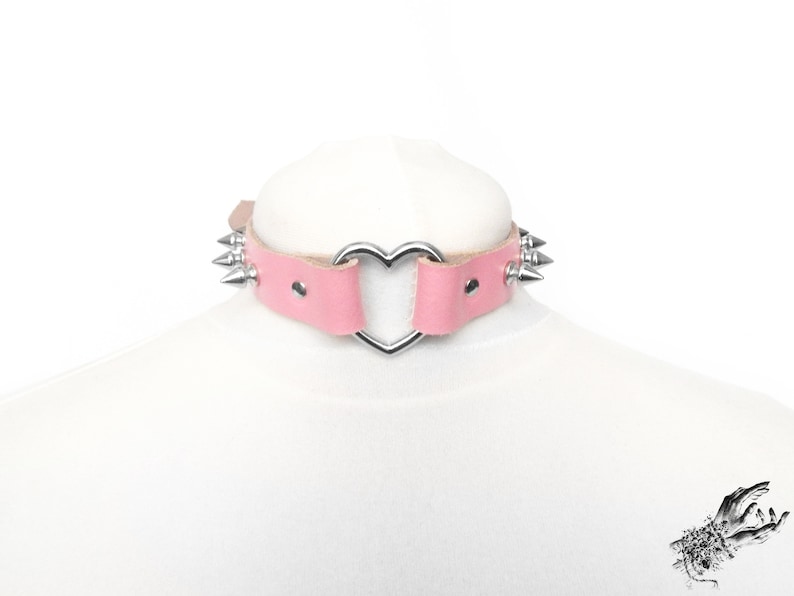 Pink Studded Heart Ring Choker, Pink Spiked Heart Choker, Pink Studded Heart Ring Collar, Pink Love Slave Collar, Pink Spiked Heart Collar image 4