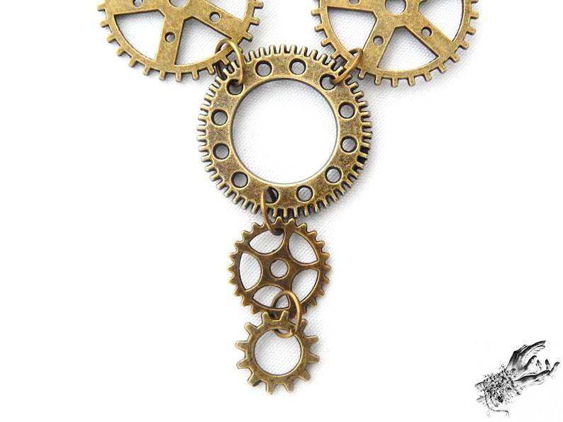 Close-up photo of the Steampunk gear necklace featuring intricately detailed bronze-tone gears and cogs. Lightweight design ensures comfort, while interlocking gears add depth and movement. Ideal for cosplay, themed events, or unique statement accessories. A great gift for fans of quirky, alternative jewelry styles.