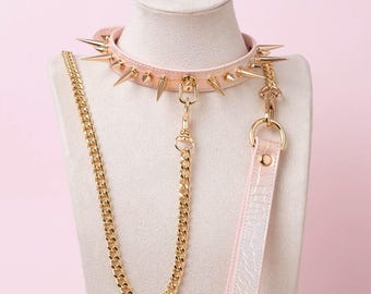 Pink and Gold Studded Choker Leash Set - Pastel Goth Collar, Spiked Necklace