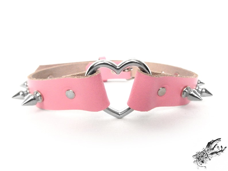 Pink Studded Heart Ring Choker, Pink Spiked Heart Choker, Pink Studded Heart Ring Collar, Pink Love Slave Collar, Pink Spiked Heart Collar image 3