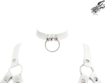 White Vegan Leather Corset Harness, Detachable Choker, Handmade