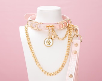 Pink and Gold Paw Print Choker Leash Set - Kawaii Pet Play Collar with Tag