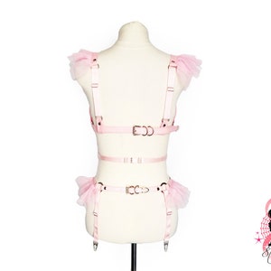 Pink Vegan Leather Corset Body Harness Set, Pink Corset Harness Set, Pink Plus Size Harness Set, Pink Ribbon Harness Set, Pink DDLG Harness image 8