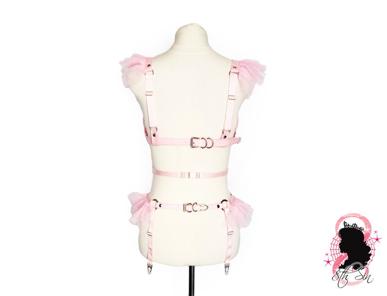 Pink Vegan Leather Corset Body Harness Set, Pink Corset Harness Set, Pink Plus Size Harness Set, Pink Ribbon Harness Set, Pink DDLG Harness image 8