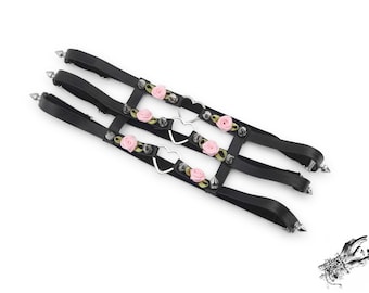 Black 3 Strap Heart Ring Garter, Black Heart and Flower Garter, Heart Thigh Garter, Pink Flower Thigh Garter, Black Strapped Thigh Garter